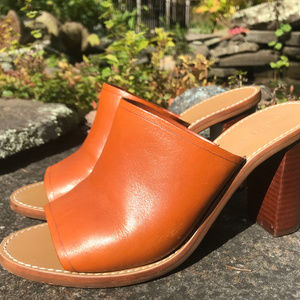 J. Crew Leather Stacked Heel Slides Caramel 6